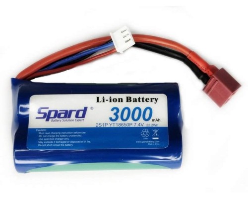 Аккумулятор Li-Ion Spard 3000mAh, 7,4V, 10C, T‐plug для Remo Hobby 1/16, Himoto 1/18 YT18650P3 в Москве