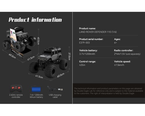 Радиоуправляемый внедорожник Double Eagle Land Rover Defender D110 Bigfoot 1/6 4WD 2.4G RTR E379-003 в Уссурийске Радиоуправляемый внедорожник Double Eagle Land Rover Defender D110 Bigfoot 1/6 4WD 2.4G RTR E379-003 в Уссурийске